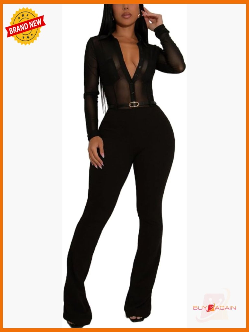 Long Sleeve Jumpsuit with Flared Pants Sexy Club One Piece